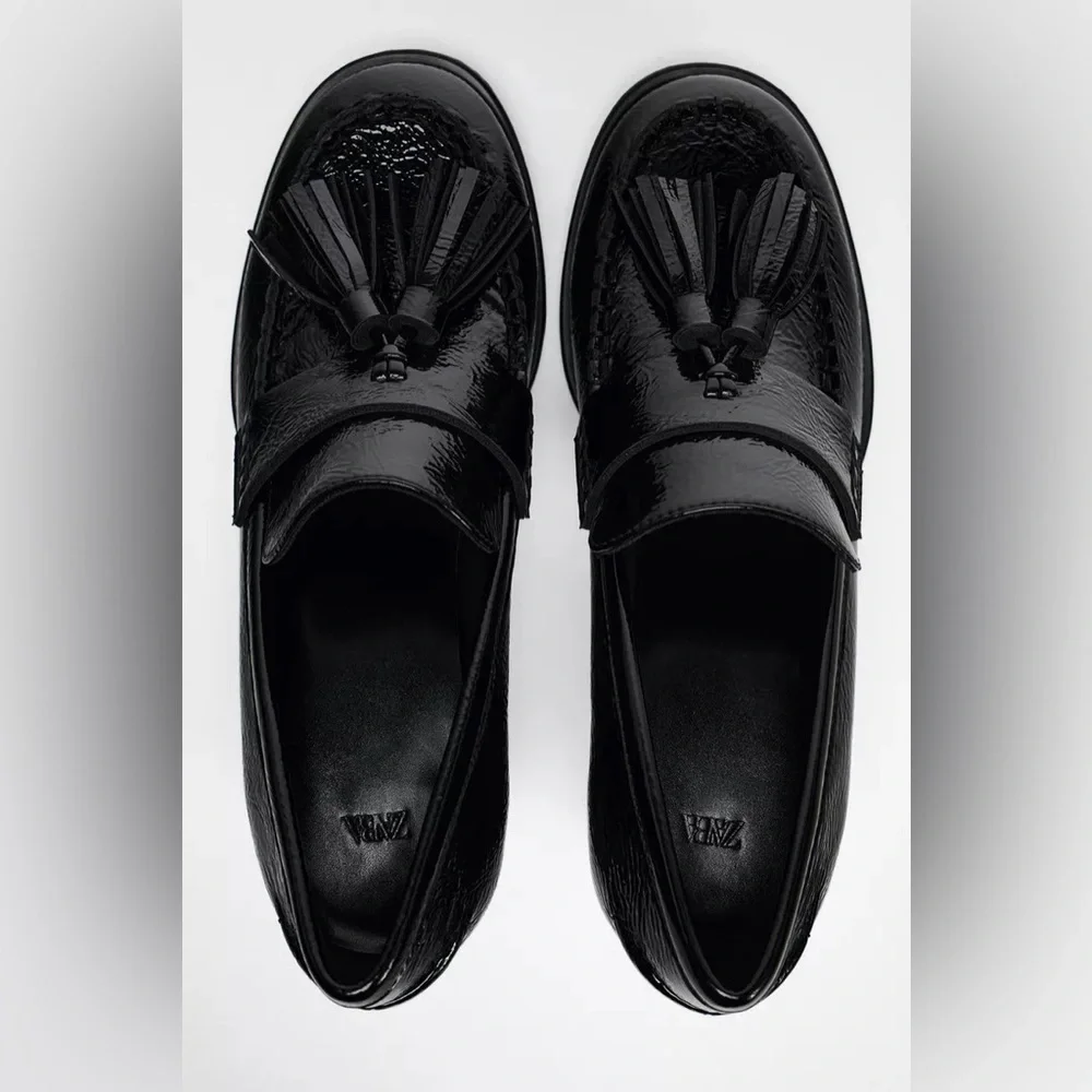 Zara | FAUX PATENT TASSELED LOAFERS | Black | Women’s Size 9, 40 - Picture 4 of 7
